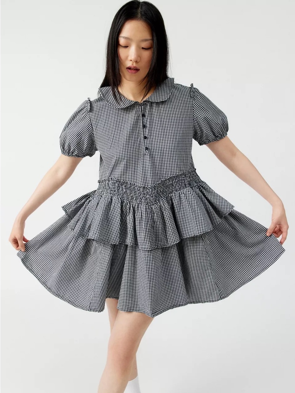 Urban Outfitters Claire Ruffled Babydoll Mini Dress Gingham Peter Pan Collar XL